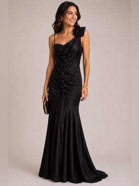 XSCAPE Black Ruched Cocktail Dress Size 14 Party Event Little Black Dress Glam
